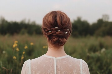 Back view of woman with red hair bun adorned with delicate accessories, standing in a field with soft lighting, romantic outdoor styling, elegant hairstyle with floral detail


