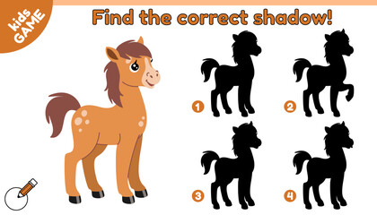 Educational kids game. Find the correct shadow. Farm foal. Cartoon small horse. Puzzle for preschool, school children. Activity book. Worksheet for education. Baby vector illustration of farm animal.