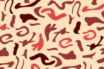 Multicolor Memphis geometric seamless pattern background. Abstract retro 80s, 90s style circles, dots, zigzags, spirals, wavy lines. Bright red brown cute kid doodle design