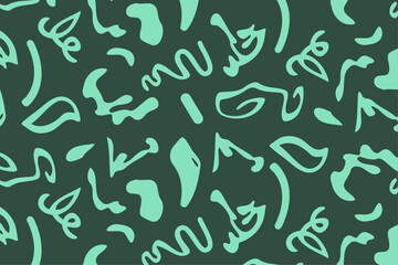 Monochrome Memphis geometric seamless pattern background. Abstract retro 80s, 90s style circles, dots, zigzags, spirals, wavy lines. Bright green cute kid doodle design
