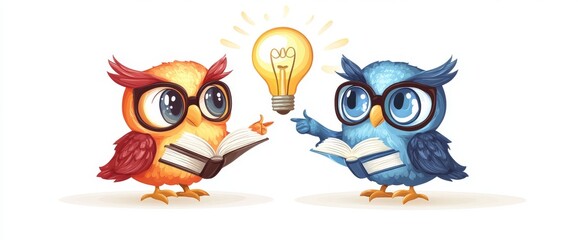 Naklejka premium Owl characters in different poses, including a gray birdie standing on books with a notebook and pencil and a brown bird with an idea lightbulb holding paper scrolls, serve as educational mascots for