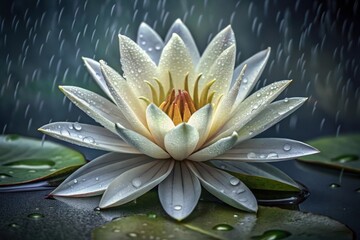 Delicate white water lily gracefully blooms amidst gentle raindrops in a tranquil oasis at dusk Generative AI