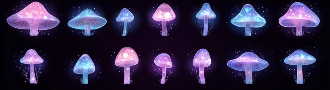 A glowing fantasy mushroom set including pink-capped, blue chalice-shaped, magenta and yellow spotted, purple and pink bubbled, and green pointy hooded varieties for use in bright neon magic forest