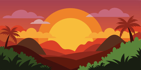 Sunset over jungle cartoon background vector illustration