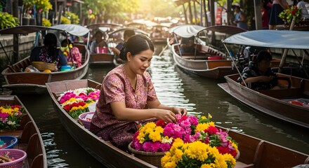 Fototapeta premium Floating market vendor selling flowers in bangkok thailand traditional boat travel destination asia culture
