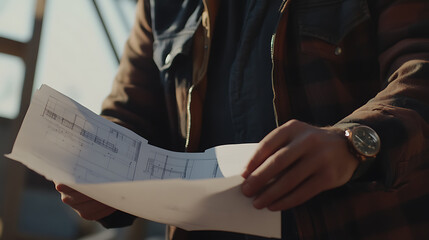 Obraz premium Person Holding Blueprint Plans