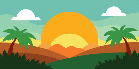Early sunrise over jungle cartoon vector illustration