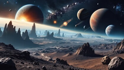 Under a dark night sky filled with bright stars, a lone alien planet glows with a soft, blue light in the vast cosmos