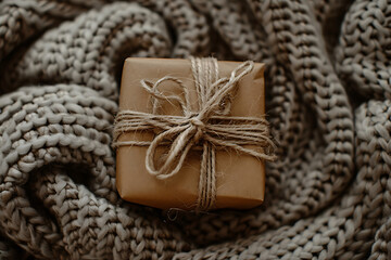 Fototapeta premium Kraft Paper Gift with Twine on Gray Knit