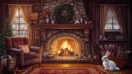 Warmth of home: an artistic rendition of a cozy room with fireplace and a rabbit. Imaginative Furnace. Illustration