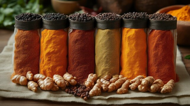 An array of vibrant spices in cloth bags accompanied by fresh roots and peppercorns perfect f