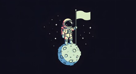 Astronaut on moon with flag illustration space exploration cosmic adventure cartoon artwork design