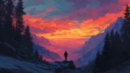Silhouette of person overlooking vibrant sunset mountain range, snow-covered foreground, conveying serenity and contemplation, ideal for travel or nature themes