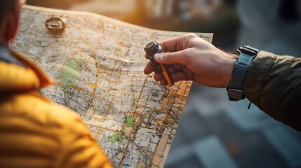 Person Using Compass and Map for Navigation