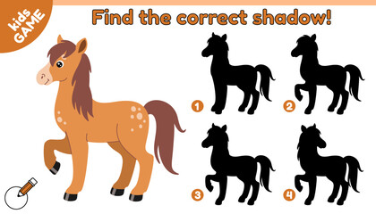 Educational kids game. Find the correct shadow. Farm cartoon horse. Puzzle for preschool and school children. Activity book. Worksheet for education. Baby vector illustration of farm animal.