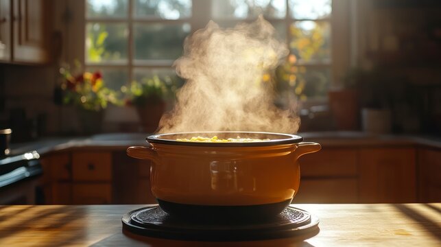 Steamy Pot of Comfort Food in a Cozy Kitchen Setting Warm Lighting Home Cooking Culinary Del
