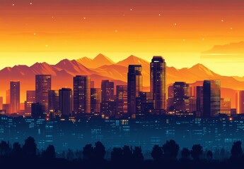 Fototapeta premium Panoramic view of the city skyline at dusk, with mountains in the background, including Utah Valley and downtown Salt Lake City buildings illuminated by lights, and an orange sky Generative AI