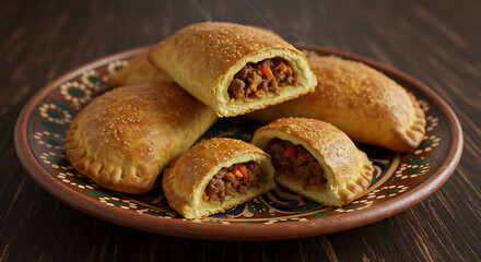 Savory stuffed pastries with minced meat on a decorative plate  