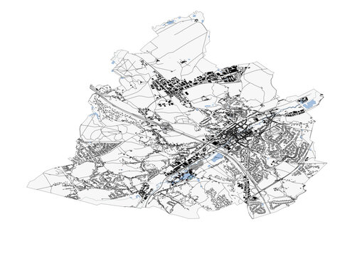 Detailed vector map of Wavre, Belgium showcasing highways (E411, N4), waterways (Dyle River), and all building footprints in a precise black-and-white layout. Ideal for urban planning, logistics, or a