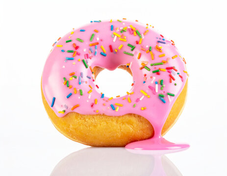 A donut with pink icing and colorful sprinkles dripping onto a white surface. AI - Powered by Adobe