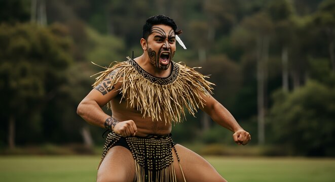 Maori haka performer in traditional dress performing a powerful dance in new zealand culture show