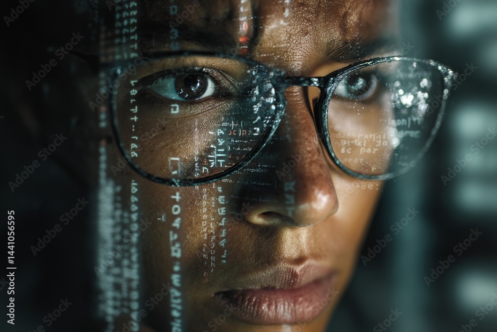 Poster a woman programs software on a server, focusing on future cybersecurity, alongside a computer hologr