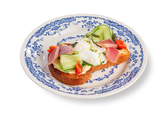 Bruschetta with Tuna, Poached Egg, Cucumber and Tomato Slices