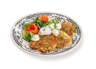 Draniki with Poached Egg, Salmon and Fresh Salad