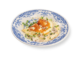 Fluffy Omelet with Mushrooms Cream Sauce and Microgreens