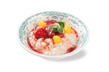 Oatmeal with Strawberry Sauce, Orange Pieces, and Fresh Mint