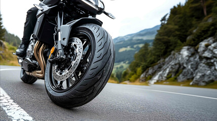 Three quarter profile modern motorcycle tire featuring a ventilated disc brake with drilled holes black alloy rim with a sporty design rubber tire with detailed tread patterns dynam