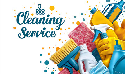 Collage of cleaning paraphernalia in the text Cleaning service Element for advertising postcard poster and more Isolated on white