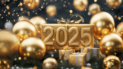 New Year 2025 with golden balloons with gifts