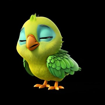 Green baby parrot cartoon animation isolated asset, transparent 4K video, alpha channel, ProRes 4444