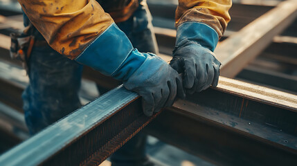 Construction Worker Handling Steel Beams