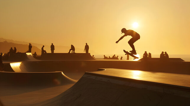 Silhouette of skateboarder performing a trick at a skatepark during a golden sunset with onlookers nearby