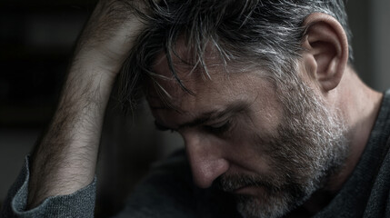 Obraz premium Close-up of a man with graying hair and beard, head in hands, conveying sadness and contemplation, representing feelings of depression or grief