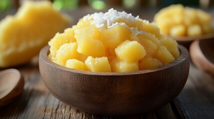 Fresh Pineapple Chunks in a Wooden Bowl Topped with Coconut Flakes