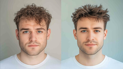 Fototapeta premium A stunning beforeandafter collage left square frame showing a man with greasy oily limp hair looking directly at the camera with a calm expression his face clear and evenly lit Back
