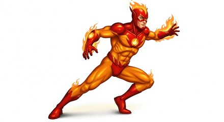 Cartoon superhero man in red and yellow suit with flames, running pose