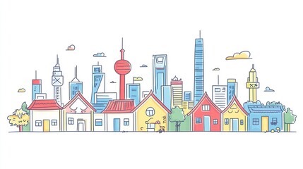 Colorful Line Drawing of a Chinese Cityscape