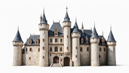 Fototapeta premium Old stone castle, a historical building in Europe with medieval architecture and towers, standing on a white background