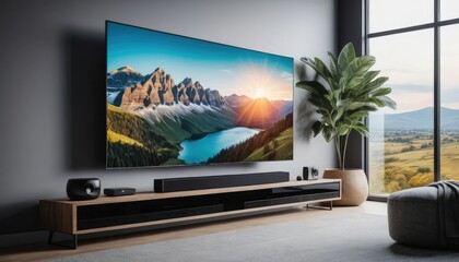 Fototapeta premium The modern living room interior is equipped with a flat-screen television on the table, with minimalist style furniture.