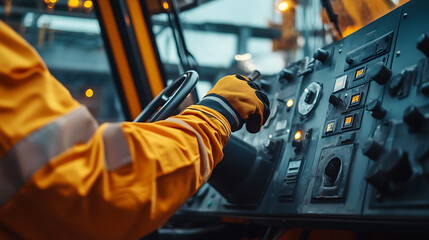Operator in High-Visibility Gear at Industrial Vehicle Controls