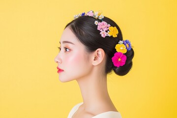 Asian woman in profile with low floral bun and bright yellow background, elegant hairstyle with flower decoration, vibrant and traditional beauty concept with modern twist

