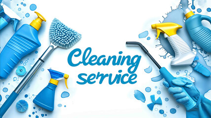 Collage of cleaning paraphernalia in the text Cleaning service Element for advertising postcard poster and more Isolated on white
