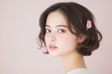 Young woman with wavy short bob and pink hair clip, soft neutral background, feminine natural beauty style, pastel tones with subtle makeup, minimalistic aesthetic portrait

