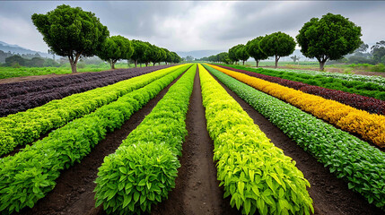 Strip cropping layout with alternating rows of different plants for erosion prevention and nutrient balance hyperrealistic photography rule of thirds composition The image is ultrad