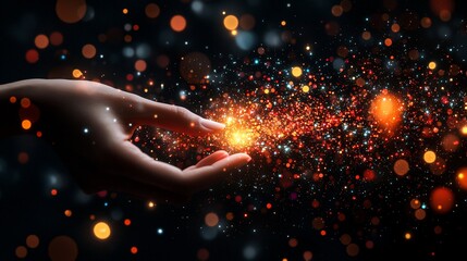 A hand conjures shimmering light particles in the dark