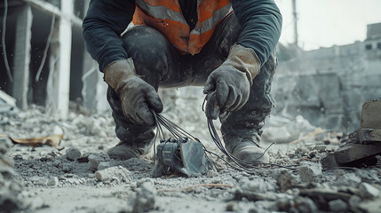 Construction Worker Handling Rebar and Concrete Debris
